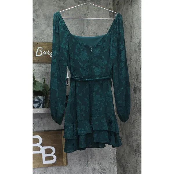 NWT Trixxi Waist Ruffled Jacquard Fit Flare Sheer Sleeved Dress Hunter Green L - Image 5