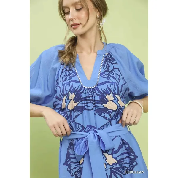 Umgee Floral Belted‎ Midi Dress - Cerulean - Small - Image 6