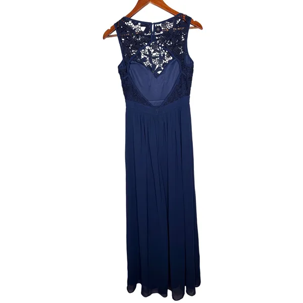 Lulus So Far Gown Navy Crochet Lace Open Back Chiffon Maxi Dress Sleeveless Sz M - Image 2