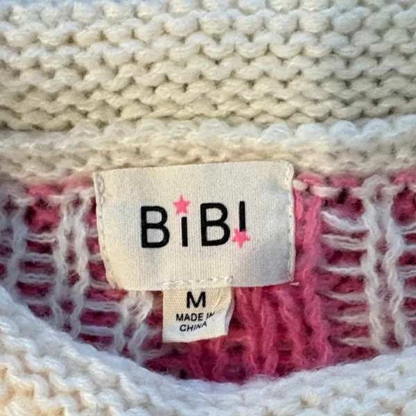 BiBi Pink and Cream Checkered Chunky Sweater Size M - Image 2