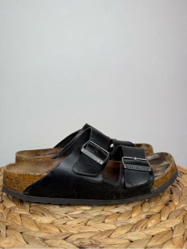 Birkenstock Arizona Sandal Black Leather Two-Strap Slide Sandals - Image 4