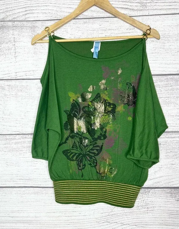 Vintage Y2K Green Butterfly Print Gold Chain Cold Shoulder Top Size Small - Image 11