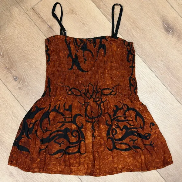 Peaceful People Boho Smocked Tank Top Brown Black Tribal Print Size L - Image 2