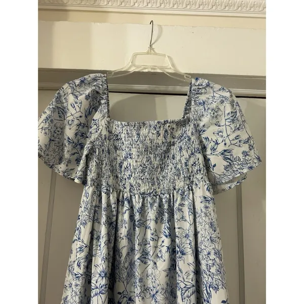 Blue Smocked Floral Toile Puff Sleeve Maxi Dress Cottagecore Ruffle Modest Sz 6 - Image 4