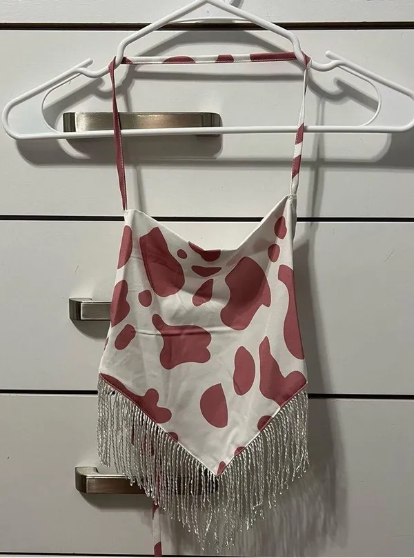 White & Pink Cow Print Halter Tank Top - Image 2