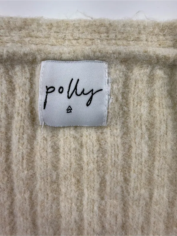 Polly Wool Blend V-Neck Cream Ribbed Button Cardigan Sweater - Image 5
