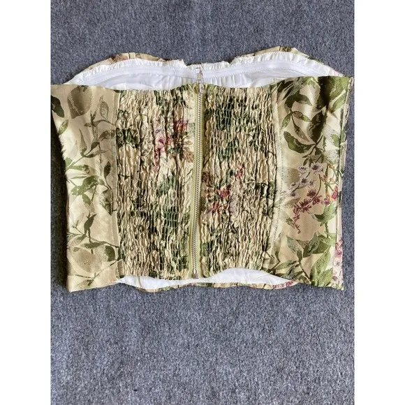 Floral Corset Top Bustier Ivory Green Pink Botanical Print Boned Sweetheart‎ - Image 4