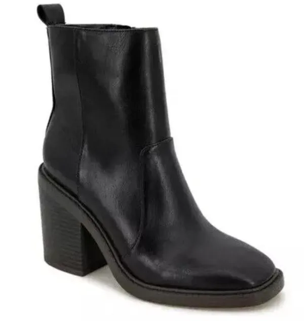 New Kensie Klinton Women's 9 Black Leather Side Zip Chunky Heel Square Toe Boots - Image 3