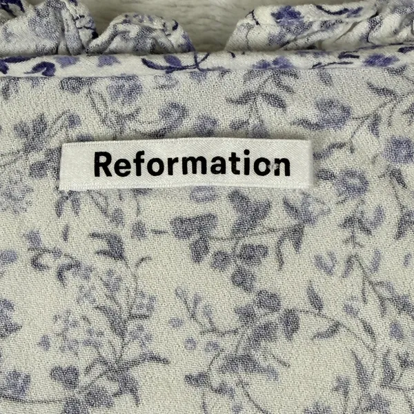 Reformation Blue White Floral Ruffle V Neck Long Sleeve Blouse Size M - Image 2