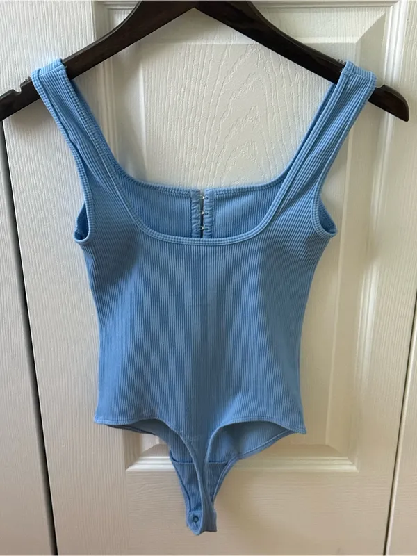 Abercrombie & Fitch Soft A&F Collection Blue Ribbed Hook and Eye Tank Bodysuit - Image 3