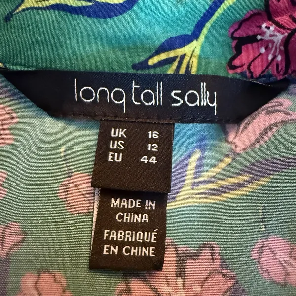Long Tall Sally Green Button Front Midi Dress US 12 Large Shift Pink Floral - Image 9