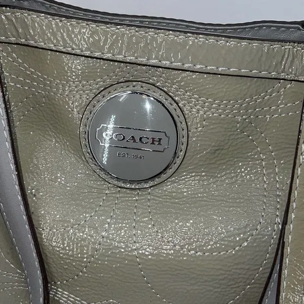 Coach Womens Gross Grain Patent Leather Stitch Tote Shoulder Bag Green Gray Medi - Image 2