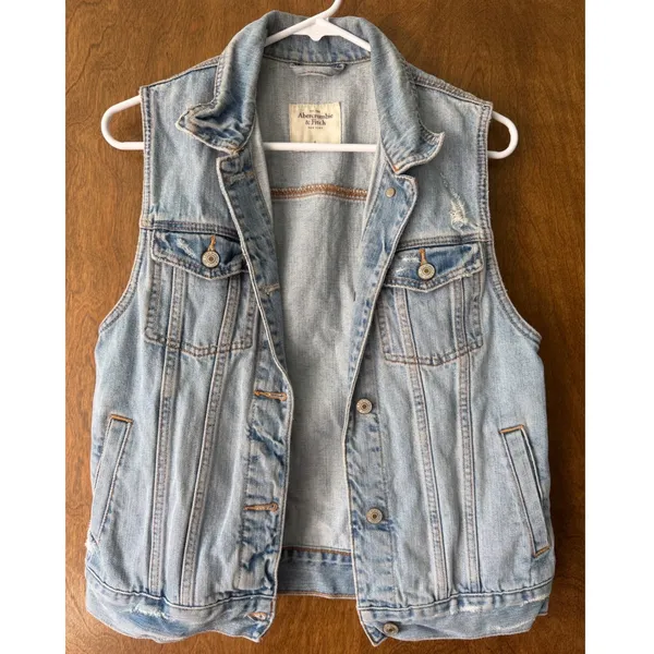 Abercrombie & Fitch Sz S Denim Light Wash Button Vest Real Pockets Streetwear - Image 5