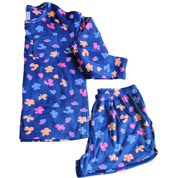Marleylilly Pajama Women M Blue Floral Plush Long‎ Sleeve Short Set - Image 4
