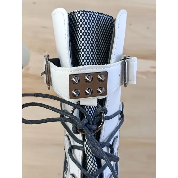 White Platform Knee High Gothic Boots Mesh Straps Studs Lace Up Zip Size 7 US - Image 5