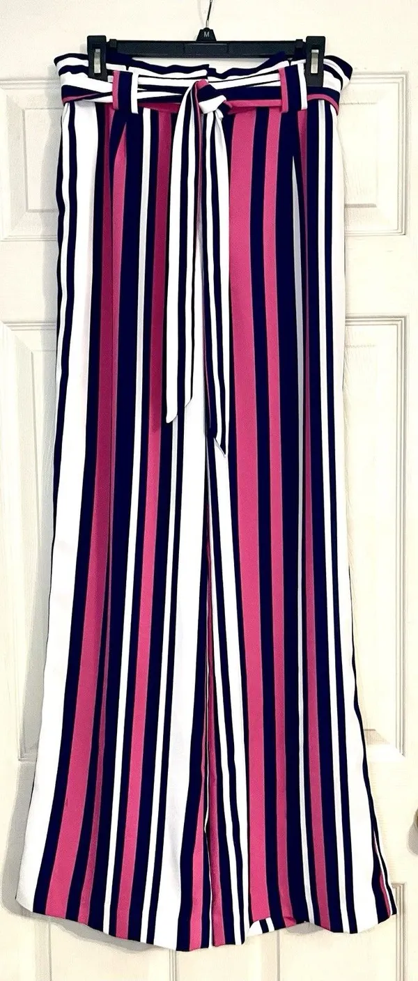 Express SzM High Rise Striped Paperbag Wide Leg Pants Pink Navy White - Image 2