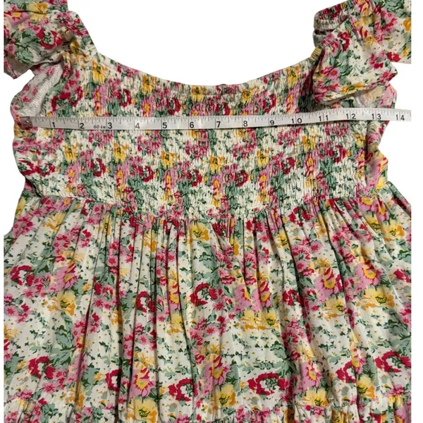 In February Floral Smocked Mini‎ Dress Small Ruffle Sleeve Tiered Rayon 1088D - Image 7