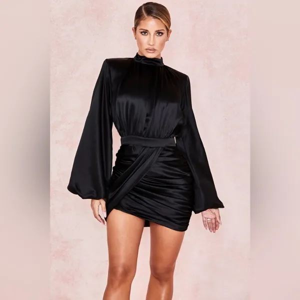 House of CB ‘Khristen’ Black‎ Satin Blouson Dress NWOT size XS - Image 3