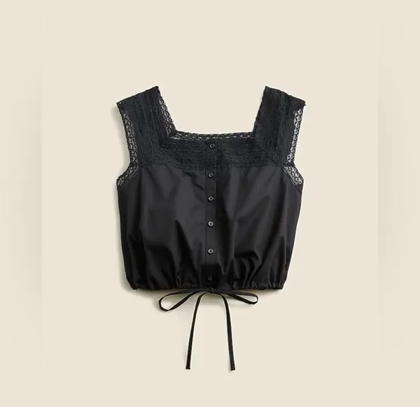 J.Crew Black Lace Trim Cropped Drawstring Top - Image 3