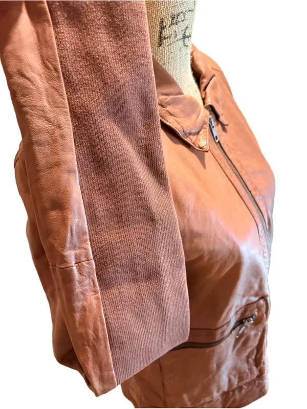 Hinge Zip Pocket Leather Jacket Brown Size 1 (19” PTP oversized) NWT - Image 5
