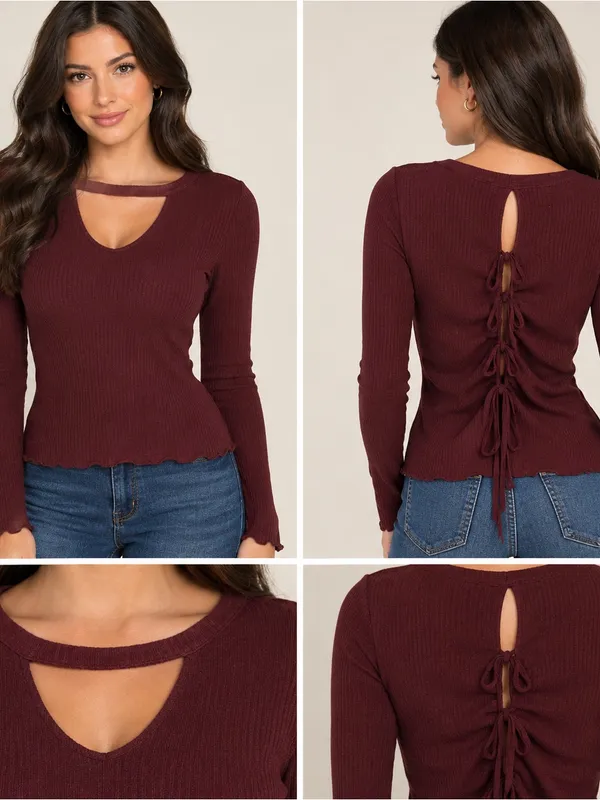 Burgundy ribbed tunic keyhole front and unique tie back Red - Image 2