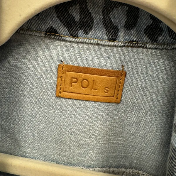 POL Leopard Print Denim Jacket Cable Knit Sleeves Blue Cream Small Oversized - Image 7