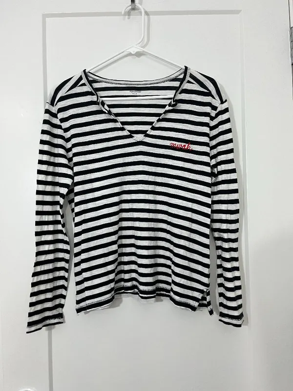 Madewell Small Black & White Striped "Mwah" Embroidered Long-Sleeve Top - Image 2