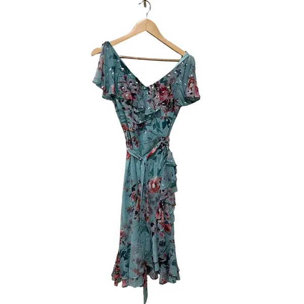 Eliza J V-Neck‎ Ruffled Printed Metallic Clip Chiffon Dress Size 2 - Image 4