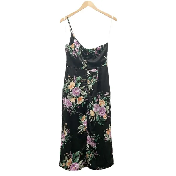 NWT Lulus Keepin' It Chic Black Floral Satin One-Shoulder Midi Dress Size Medium - Image 3
