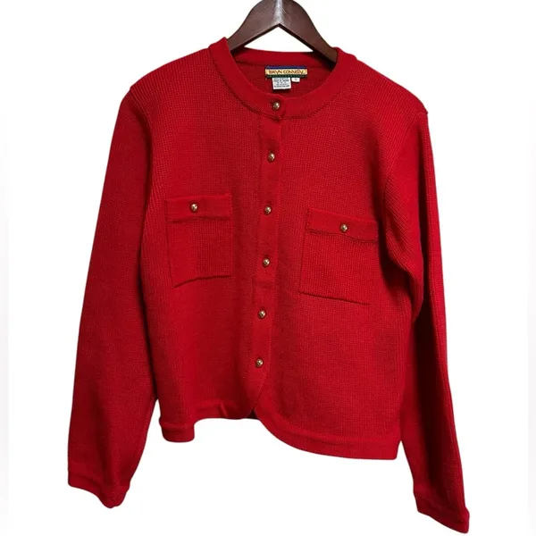 Bryn Connelly Sweater Cardigan Size Small Red Gold Button Vintage Preppy Classic - Image 6