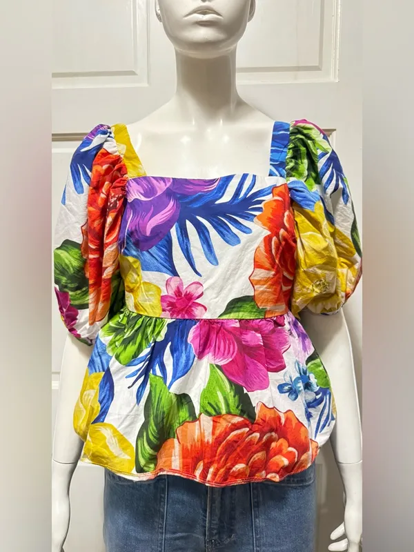 Farm Rio Boho Rainbow Chita Empire-Waist puff Sleeve Blouse Size Small - Image 2