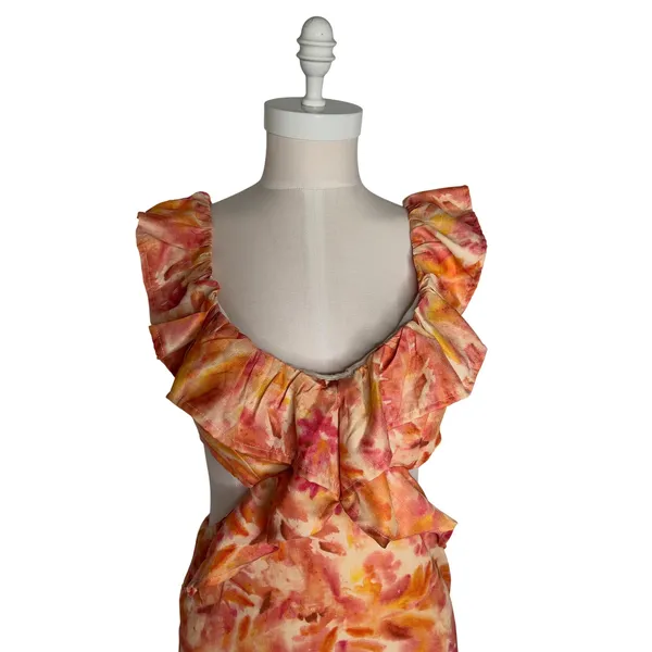 Micas Floral Ruffle Cut Out Maxi Dress Orange Pink Watercolor Size M NWT - Image 13