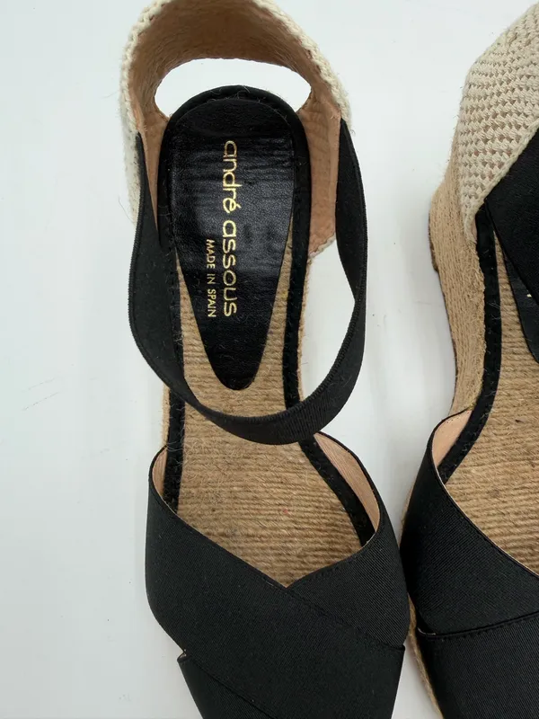 Andre Assous Women’s 7.5 Black Espadrille Wedge Sandals Made in Spain - Image 2