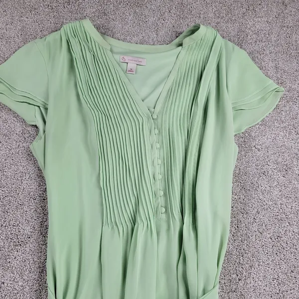 CB established 1962 Womens Dress 14 Green V-Neck Pleated Front Tie Waist Flowy - Image 4