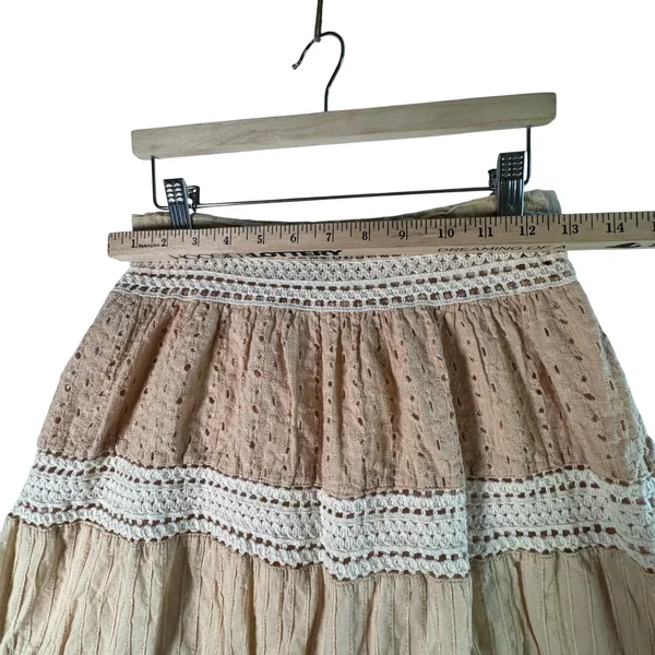Crochet Lace Eyelet Tiered Mini Skirt S Tan Boho Cottagecore Prairie‎ Fairy Soft - Image 5