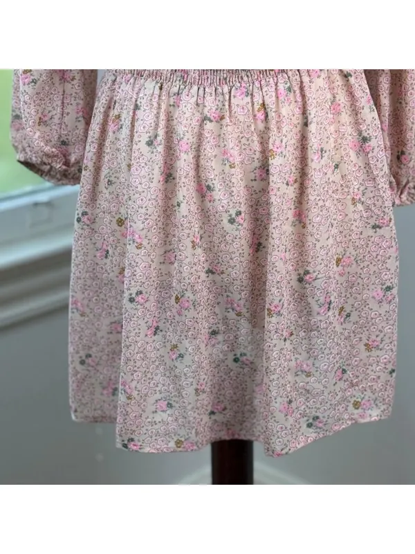 Pink Ditsy Floral Sheer Chiffon Smocked Dress XS Cottagecore Peasant Milkmaid - Image 8
