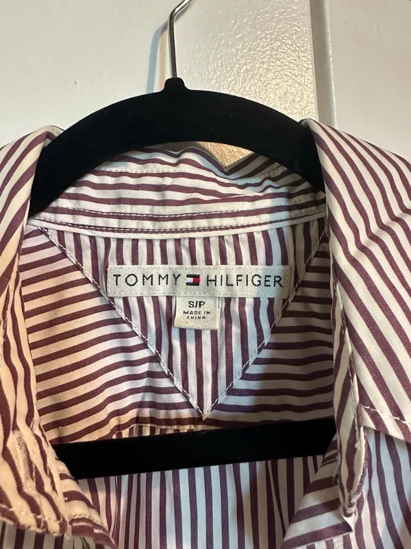 Tommy Hilfiger 90s Y2K Short Sleeve Button-Up Purple White Striped - Image 2