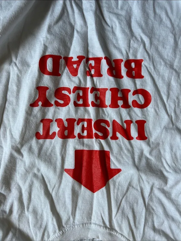 White Short Sleeve Tee with Red 'Insert Cheesy Bread' Graphic Size M - Image 3