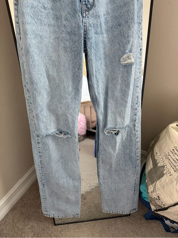 Zara Light Blue Distressed High-Rise Straight Jeans - Image 3
