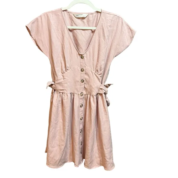ZARA Pink Button‎ Front Midi Dress Women Soft Girly Cottagecore Feminine Sz XS - Image 2