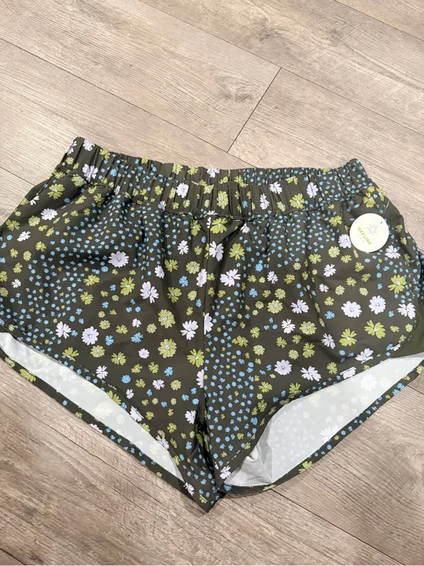 aerie Olive Floral Athletic Shorts with Blue & White Daisies - Image 4