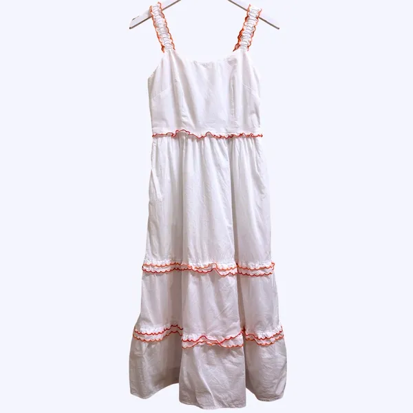 J.Crew White Cotton Scalloped-Trim‎ Tiered Midi Dress Size 0 Pockets Resortwear - Image 3