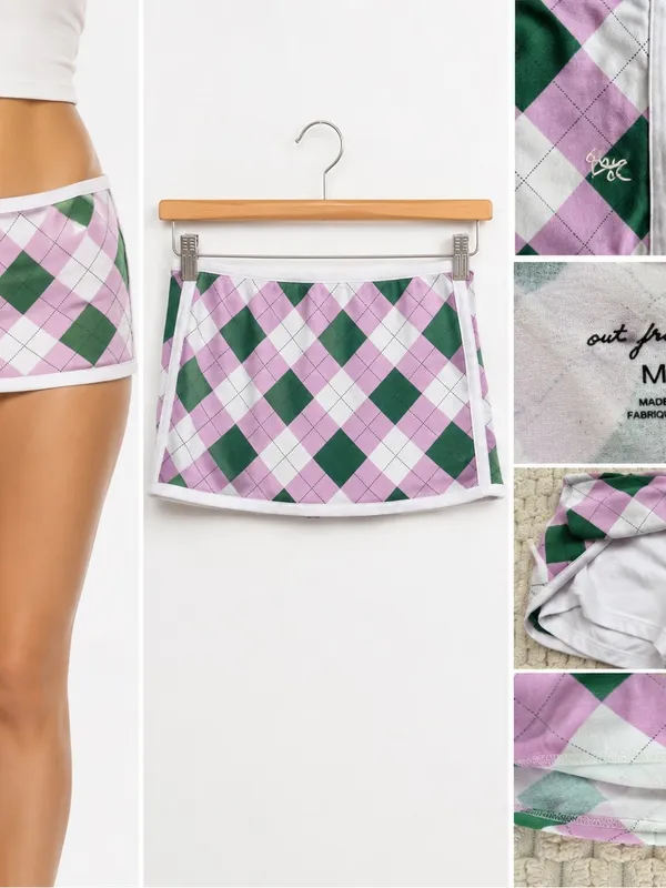 Out From Under Urban Outfitters Pink Green Argyle Micro Mini Skort Size M - Image 3