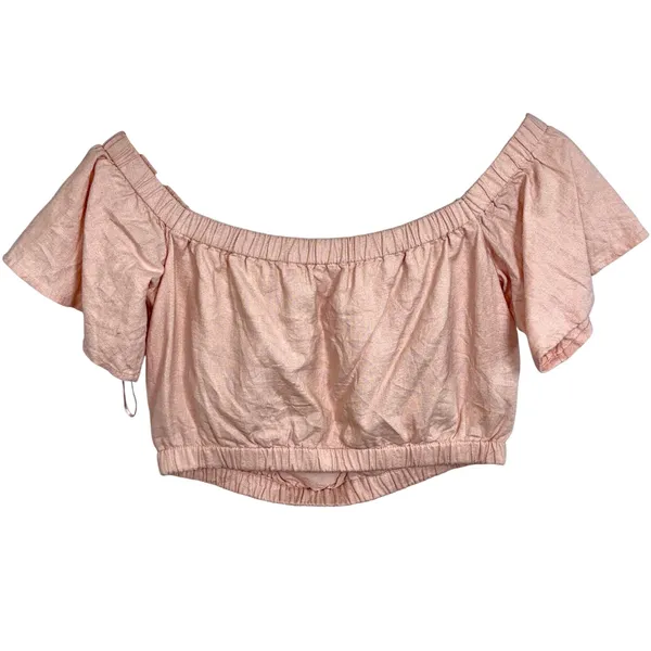 Abercrombie & Fitch Pink Linen Blend Off Shoulder Ruffle Crop Top Womens Size S - Image 3