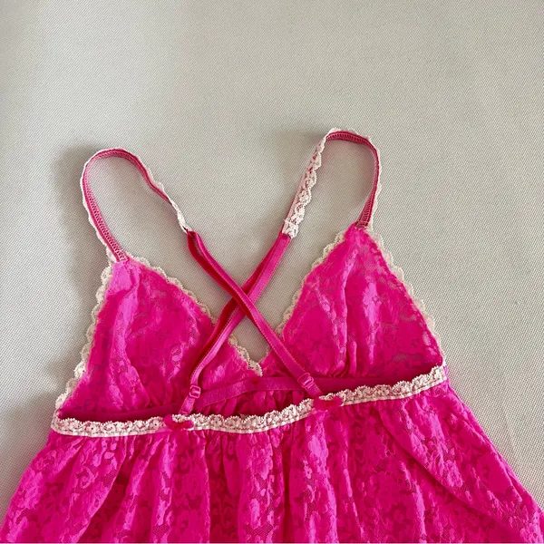 Victoria's Secret Lace Babydoll Size Small Hot Pink Lace Nightie Slip Cami - Image 6