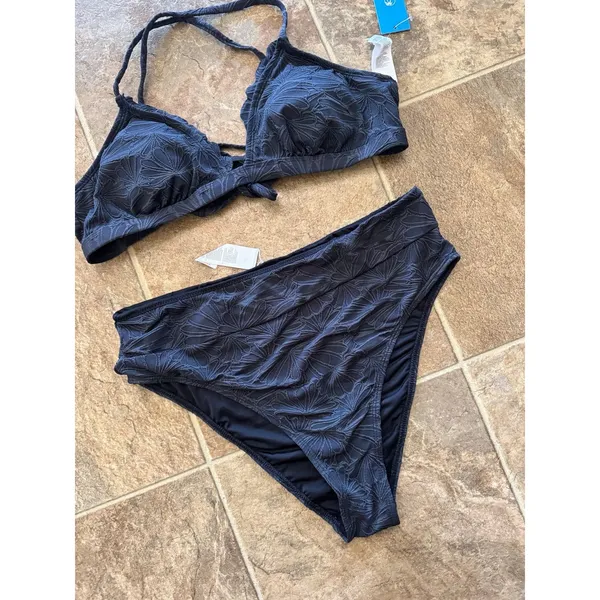 Cupshe Black Floral Jacquard Scalloped Bralette & High Waist Bikini Set Large - Image 4