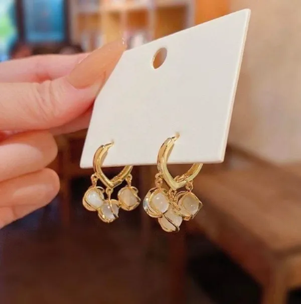 18K Gold Plated Tassel Cat's Eye Stone Dangle Drop Earrings for Women - Image 2