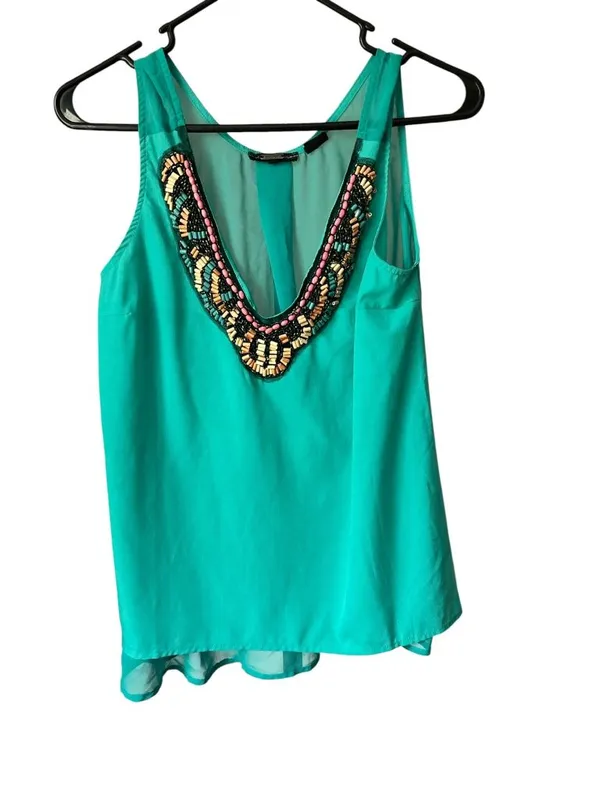 Miss Me Women's Turquoise Sleeveless Beaded Neckline Top - Image 2