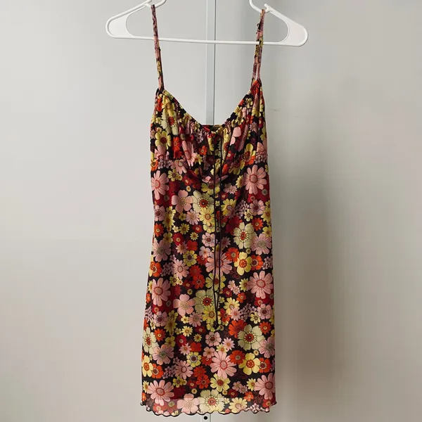 SHEIN sz M Floral Print Mesh Cami‎ Dress Lettuce Hem Mini Dress 90s style Y2K - Image 4