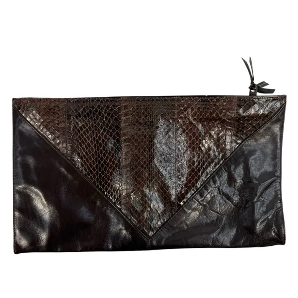 VTG M.F. Marangi Chocolate Brown Leather Snake Skin Clutch‎ Bag Purse Zip Italy - Image 2